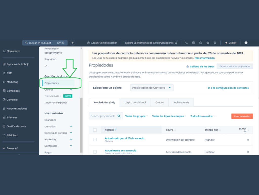 propiedades predeterminadas de hubspot